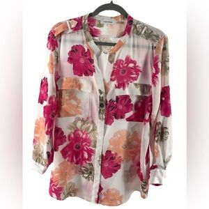 Calvin Klein Floral Blouse XL Pink Peach
Button Front Roll Tab Sleeves